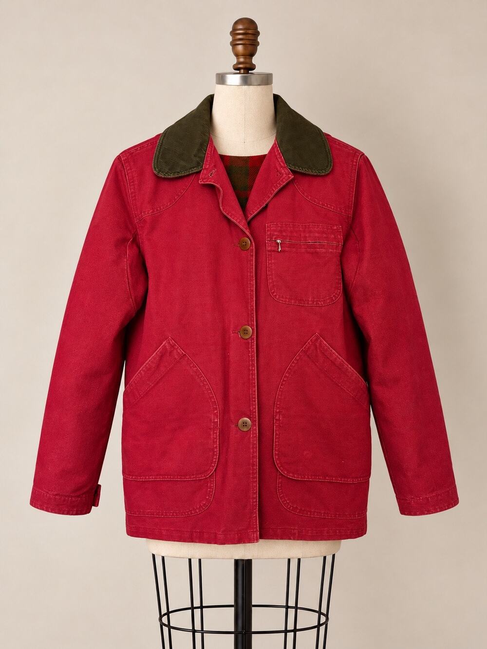 Vintage L.L.Bean Red Canvas Barn Jacket Plaid Lined Corduroy Collar | Large